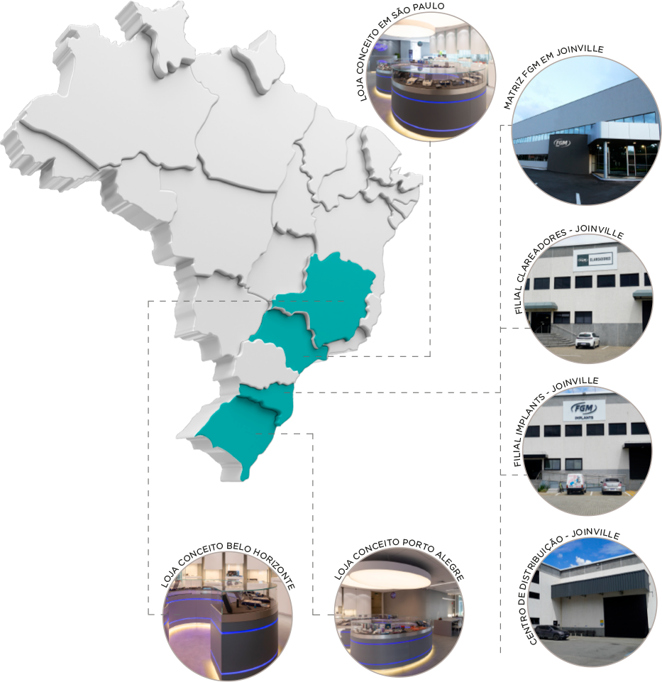 Filiais e lojas FGM Dental Group pelo Brasil.
