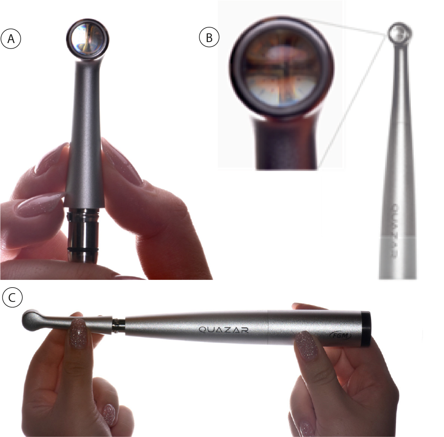 Figura 2: A: Ponta do aparelho QUAZAR; B: Ampliação da ponta ativa do aparelho; C: Vista do aparelho QUAZAR na horizontal.